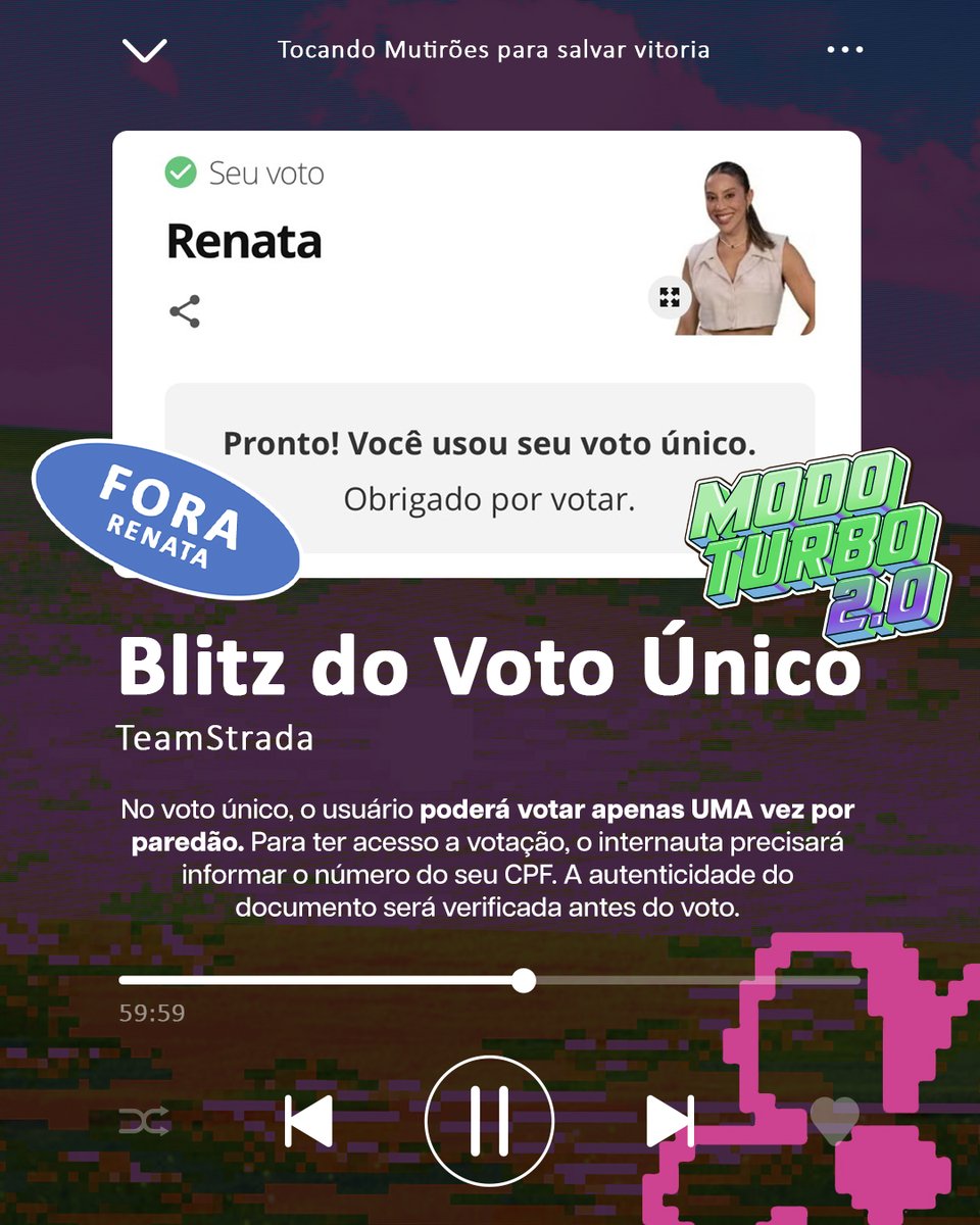 StradaVitoria's tweet photo. 🚨 Você foi parado na BLITZ DO VOTO ÚNICO 🚨 

❌ O voto é para ELIMINAR, vote em RENATA

➡️ Vá até o GSHOW e vote UMA VEZ com o seu CPF no modo “voto ÚNICO”
➡️ Depois, vote QUANTAS VEZES QUISER na modalidade “voto da TORCIDA”

▶️ VOTO ÚNICO: https://t.co/miOlz11QIh… 
▶️ VOTO TORCIDA: https://t.co/w6aqH00kSk…

NÃO DIVIDA VOTOS ‼️
#TeamStrada  #ForaRenata