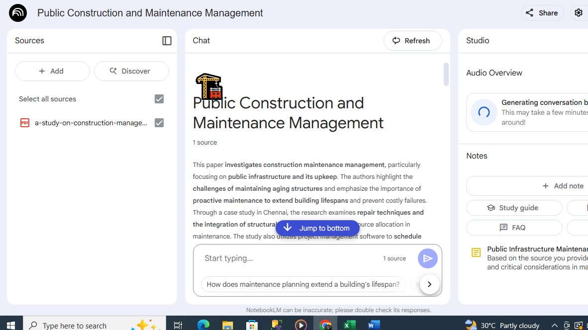 Official_Onyi_'s tweet photo. Exploring how AI can support learning and research in the ALX AI Starter Kit course, I used NotebookLM to engage with content on  Construction and Maintenance Management, the insights were impressive. Here's a snapshot of the interaction 
#ConstructionManagement #SmartLearning https://t.co/jp5KrhNKMk