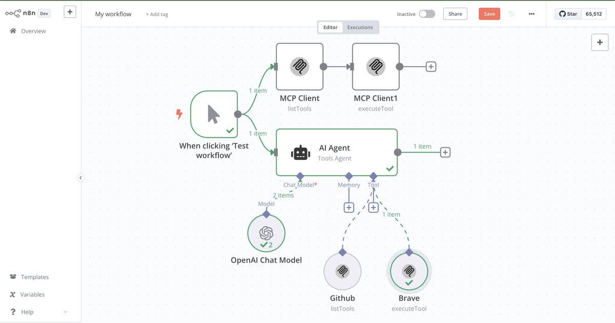 Saboo_Shubham_'s tweet photo. Build AI agents with MCP without writing a single line of code.

Connect AI agents to 100s of external tools via MCP and execute them directly from n8n.

100% free and opensource. https://t.co/QyxFmGcXeR