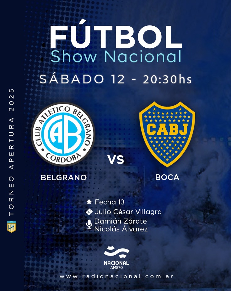 #FútbolShowNacional | ¡Cerramos el sábado a puro fútbol en <a href="/NacionalAM870/">Radio Nacional AM 870</a>! 📻🇦🇷

Desde las 19:30hs transmitimos el partidazo entre #Belgrano y #Boca en #AM870 🏆

Relata <a href="/damianzarate1/">Damián Zárate 💚☀️</a> y comenta <a href="/Alvarez73Nico/">NICO ÁLVAREZ</a>
Vestuarios <a href="/gerardomurua/">gerardo murua</a> y @JonatanKOLIBSKI