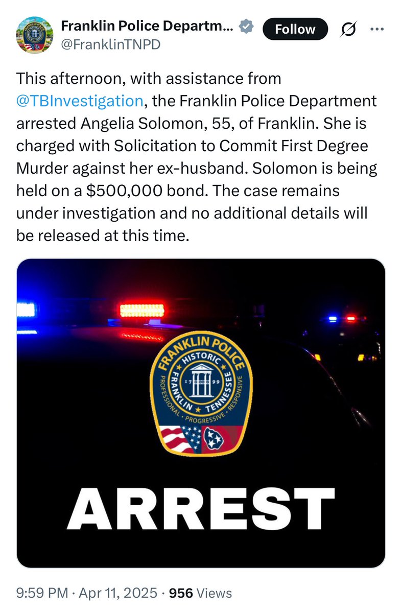 BREAKING: Angie Solomon (<a href="/DrAngieLee/">Dr. Angie Huffines (formerly Solomon)</a>) arrested by Franklin TN police, accused of plotting to have someone kill her ex-husband, former Nashville TV anchor Aaron Solomon.