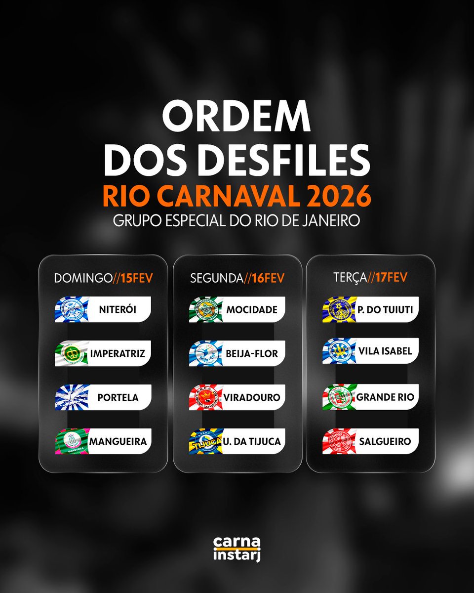 carnainstarj's tweet photo. Saiu a tão esperada ordem dos desfiles do Grupo Especial do Rio de Janeiro 2026! 🤩

As maiores estrelas do samba já têm dia e hora marcados para brilhar na Sapucaí em 2025!

Prepare o coração, o brilho e a fantasia! O espetáculo vai começar! https://t.co/iI8PB5hCDe
