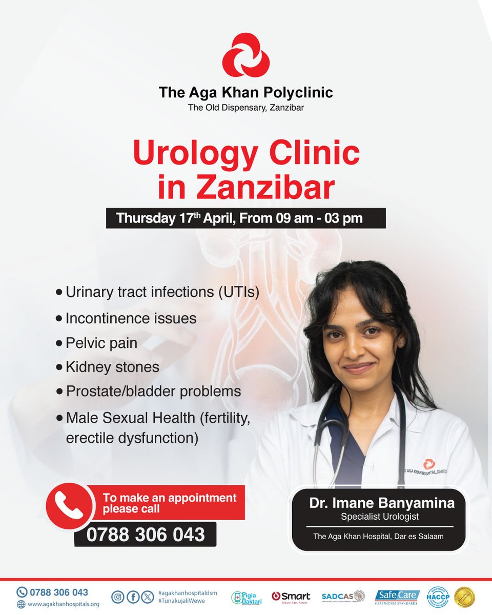 akhstanzania's tweet photo. Good news! Dr. Imane Benyamina, our female Urologist from the Aga Khan Hospital, Dar es Salaam will be available for consultations at The Aga Khan Polyclinic, Old Dispensary, Zanzibar on April 17th , from 9am to 3pm. Book appointment with him now via 0788 306 043. https://t.co/iUjvaWH9yD