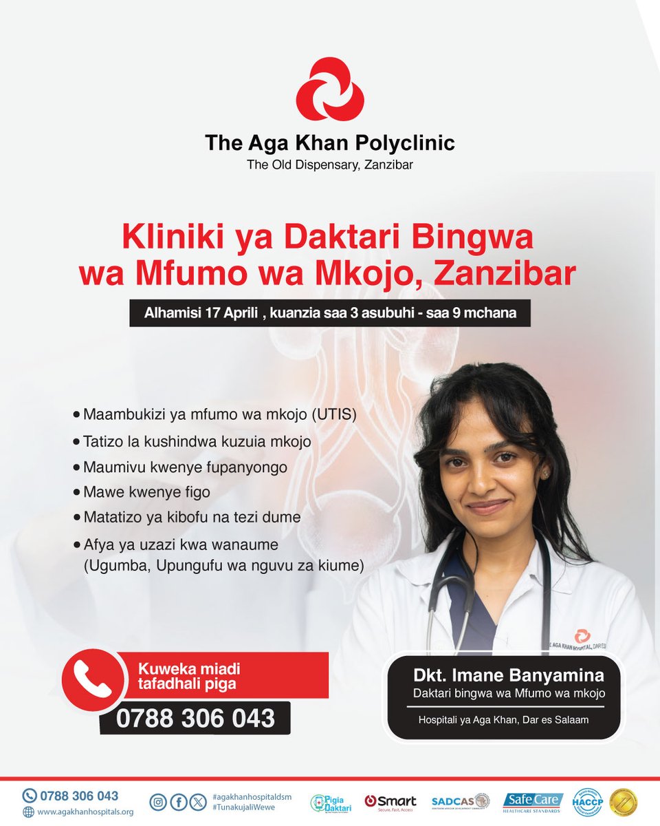 akhstanzania's tweet photo. Good news! Dr. Imane Benyamina, our female Urologist from the Aga Khan Hospital, Dar es Salaam will be available for consultations at The Aga Khan Polyclinic, Old Dispensary, Zanzibar on April 17th , from 9am to 3pm. Book appointment with him now via 0788 306 043. https://t.co/iUjvaWH9yD