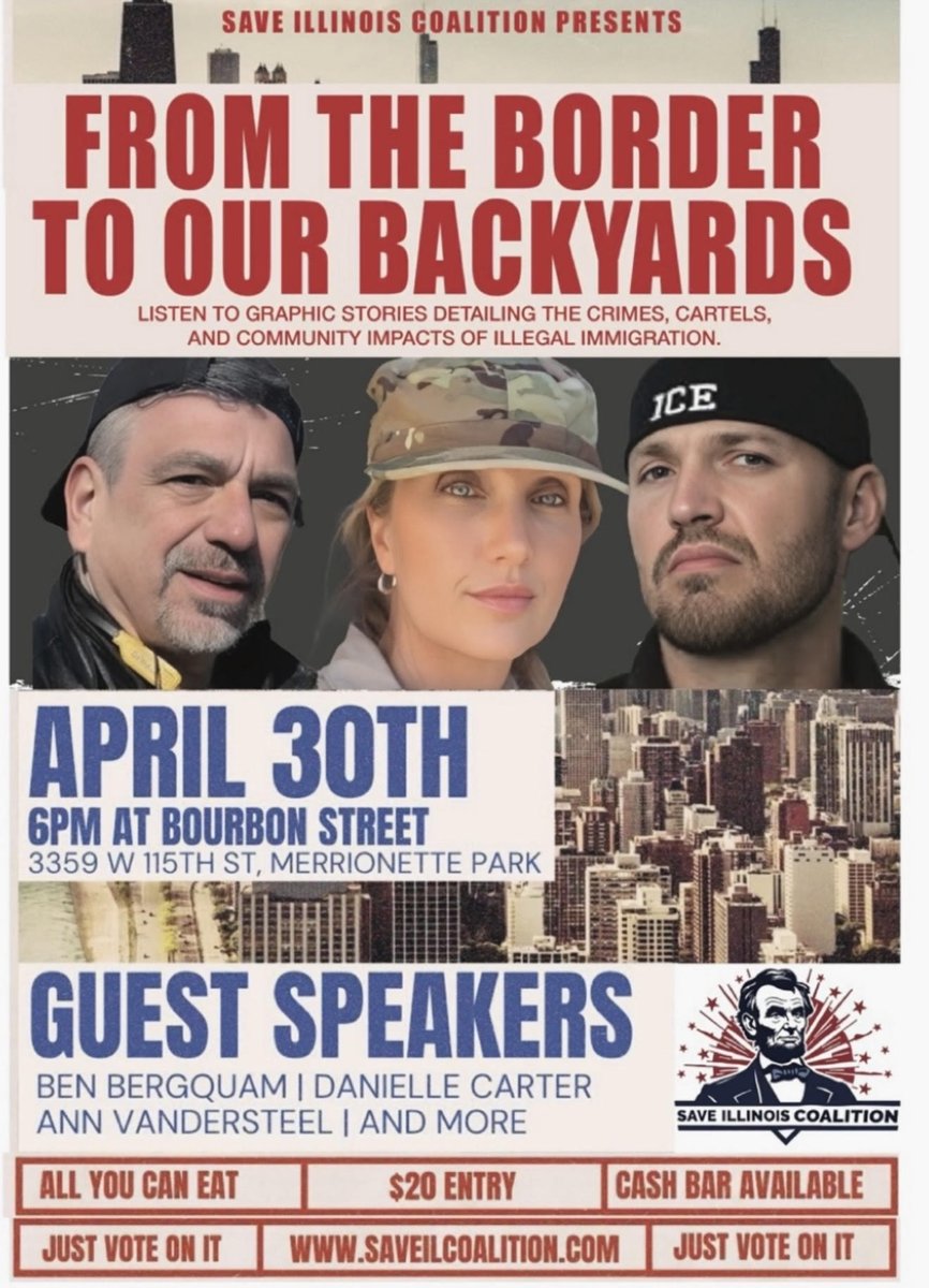 April 30th at 115 Burboun St. Save IL Coalition hosts <a href="/BenBergquam/">Ben Bergquam - Real America’s Voice (RAV-TV) News</a> <a href="/annvandersteel/">Ann Vandersteel™️</a> <a href="/Dannic44/">Danielle Carter</a> &amp; Terry Newsome sharing the effects of the illegal invasion of IL. <a href="/GovPritzker/">Governor JB Pritzker</a> <a href="/WGNTV/">WGNTV</a> <a href="/RealAmVoice/">Real America's Voice (RAV)</a> <a href="/IlliniJen/">Jen</a> <a href="/JackLombardi/">Jack Lombardi II</a> <a href="/cruzforil/">Rob Cruz 🇺🇸</a> #trendeargau <a href="/ChicagosMayor/">Mayor Brandon Johnson</a>