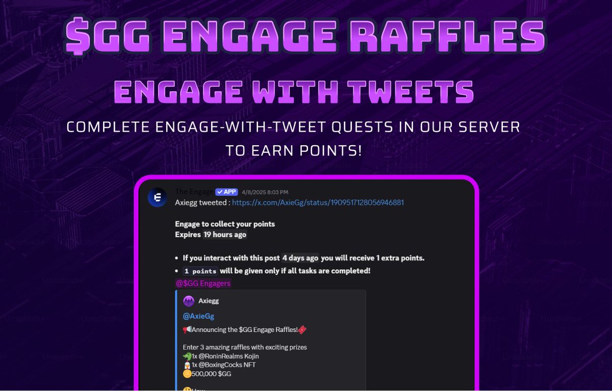 How to earn Engage points &amp; buy raffle tickets?

Method 1:
Complete Tweet quests in the server! Everyday we have quests to let you Like + RT + Reply to a tweet for 1 Engage Point, worth 1 ticket!

That is just 1 of 6 different methods to get points &amp; up your chance of winning!🎟️