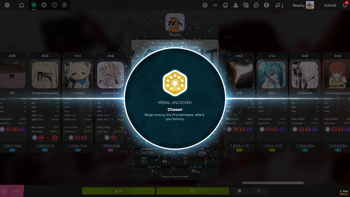 fleuphy's tweet photo. After the longest gap in breaking a pp milestone in my time playing osu!  (ignoring inactivity), I finally got my first 800pp play,  alongside my first 9* FC.

It took 384 days from setting my first 700 to now, although I never felt  stuck along the way. See you soon for 900! https://t.co/6C8P9chDJh