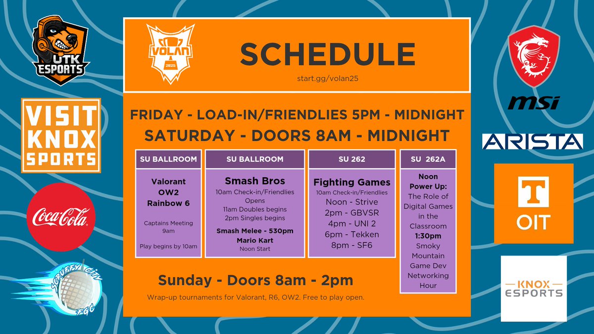 UTK Esports (@utkesports) on Twitter photo Everyone is welcome at #Volan25. We've got lots going on.
Want to highlight our guest speaker Baro Hyundai talking about esports careers at noon.
Also swing over to <a href="/KnoxEsportsTN/">Knox Esports</a> and check in on the Rocket League action. Everyone is welcome at #Volan25. We've got lots going on.
Want to highlight our guest speaker Baro Hyundai talking about esports careers at noon.
Also swing over to <a href="/KnoxEsportsTN/">Knox Esports</a> and check in on the Rocket League action.