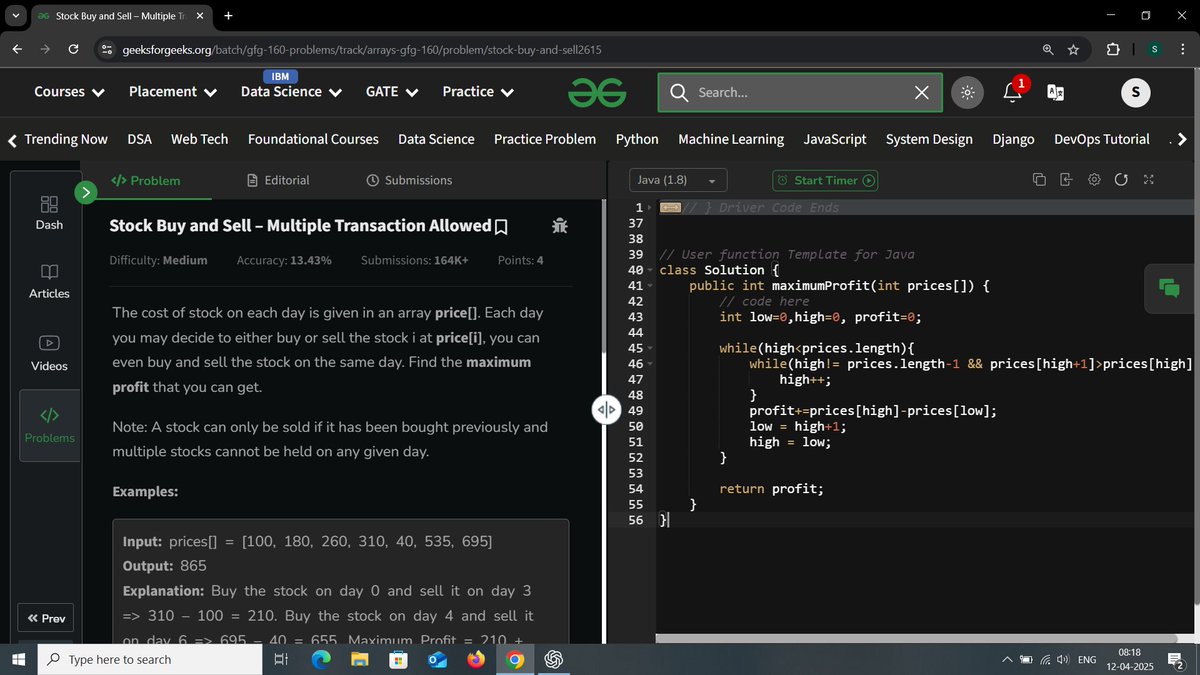 KOPZ_DEV's tweet photo. Day 7 of #gfg160 🚀
Solved: “Stock Buy And Sell - Multiple Transaction Allowed”      
Topic: Arrays      
Level: Medium    
#geekstreak2025
@geeksforgeeks https://t.co/cuICsD7aae