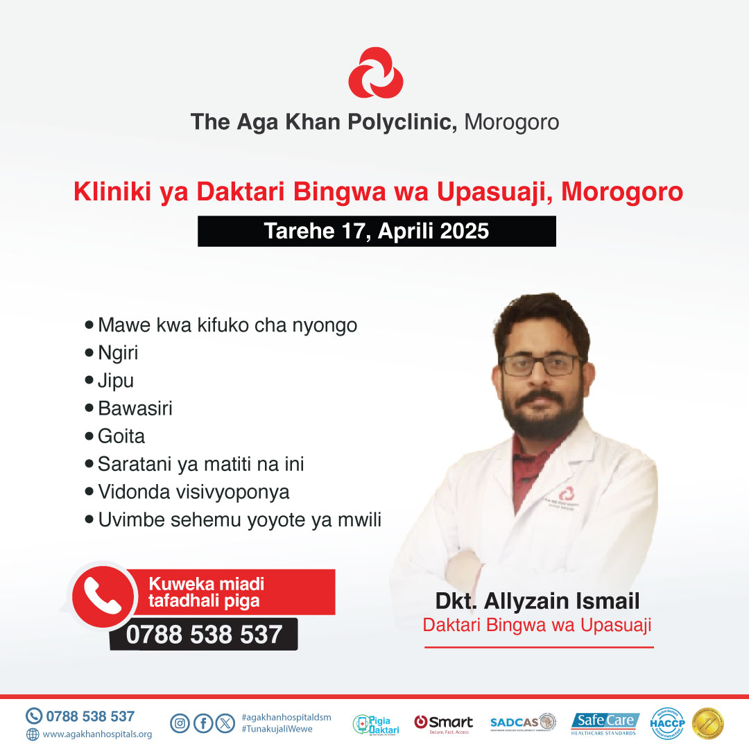 akhstanzania's tweet photo. Dr. Allyzain Ismail, General Surgeon will be coming to the Aga Khan Polyclinic, Morogoro on April 17th, 2025. For more information and appointment please call +255 788 538 537

#agakhanhospitalmwanza ##arusha #urology #surgery #visitingdoctor #healthcamp #doctorconsultation https://t.co/nzmnhjXFKI