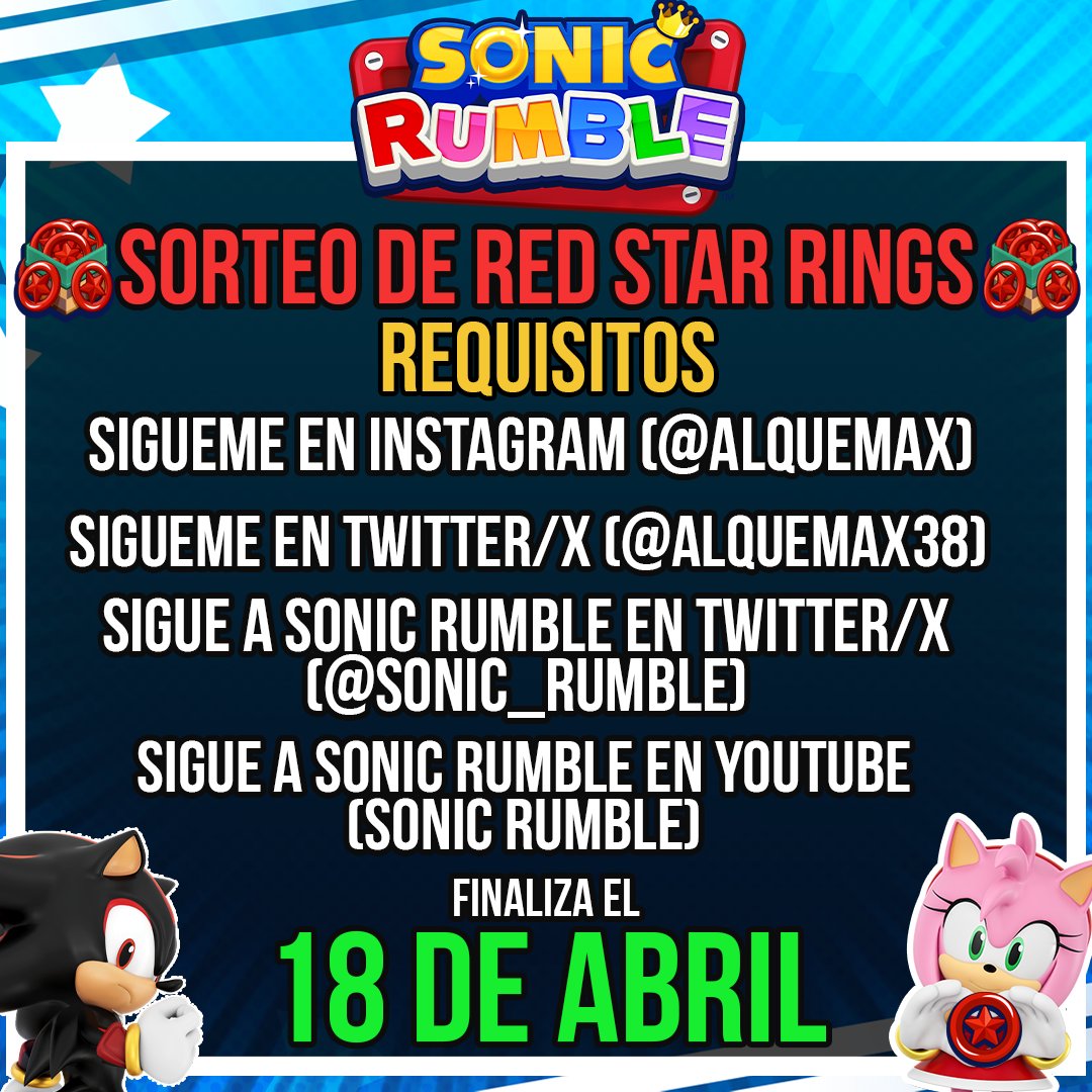 alquemax38's tweet photo. ¿Preparados? ¿Listos? ¡RUMBLE!
¡SORTEO!
Requisitos:

Seguirme en X: @alquemax38 
Seguirme en Instagram: @/alquemax 
Seguir a Sonic Rumble: @Sonic_Rumble 
Seguir a Sonic Rumble en Youtube: Sonic Rumble

#SonicRumblePartner #SonicRumble https://t.co/ez0fBPX6jr