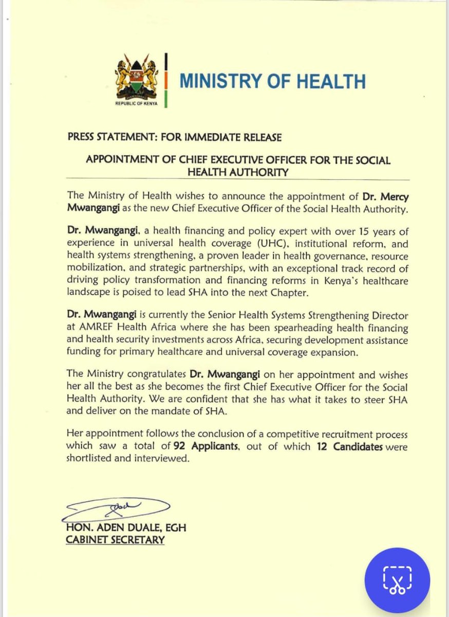 Congratulations <a href="/DrMercyHealth/">Dr. Mercy Mwangangi</a> on your appointment as the CEO <a href="/_shakenya/">Social Health Authority</a> You fit in well. Let's make SHA work, nd achieve UHC together