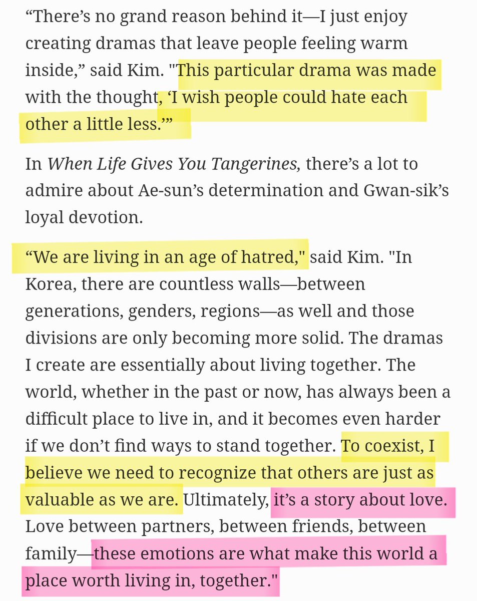 seonhojoy's tweet photo. this is my most favorite part of Dir. Kim Wonseok's interview! 

he said that #WhenLifeGivesYouTangerines was made with the thought that 'I wish people could hate each other a little less.' 'We need to recognize that others are as valuable as we are' https://t.co/NUb9sE4d2q