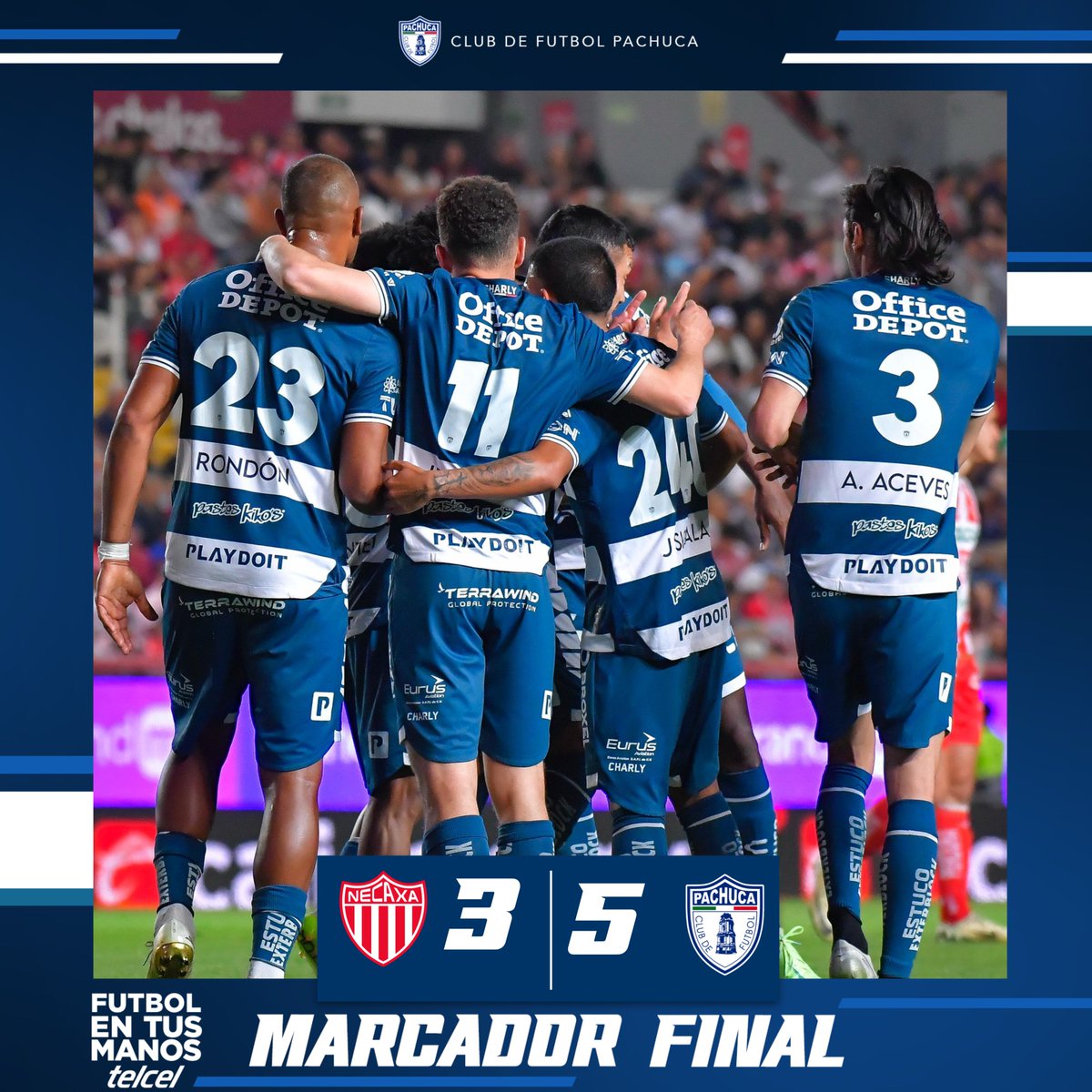 Tuzos's tweet photo. ⌚️ MF | ⚡️ Necaxa 3-5 PACHUCA 🌪️

¡SE ACABÓ! ¡Los 3 puntos son nuestros y nos los llevamos a la Bella Airosa! ¡GANÓ EL CLUB DE FUTBOL PACHUCA!

Por: @Telcel 

#Somos1XElPlaneta #ClasicoPlaydoit
#PachucaSomosTodos🤍💙 | #NecPAC https://t.co/d58VvIEW3P