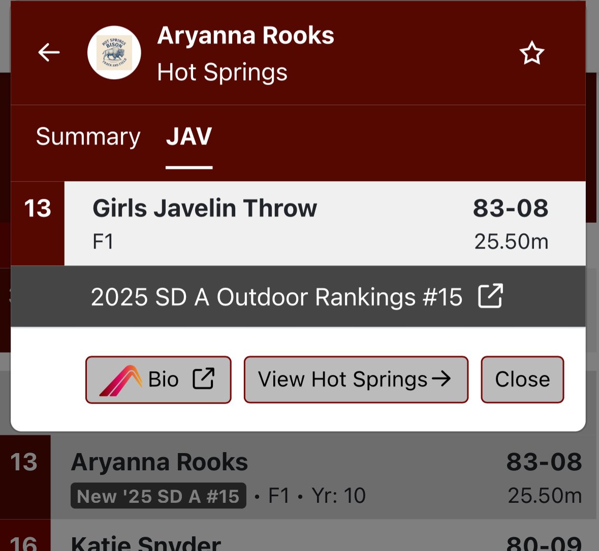 We also have a new school record holder in the girls javelin. Way to go Aryanna.