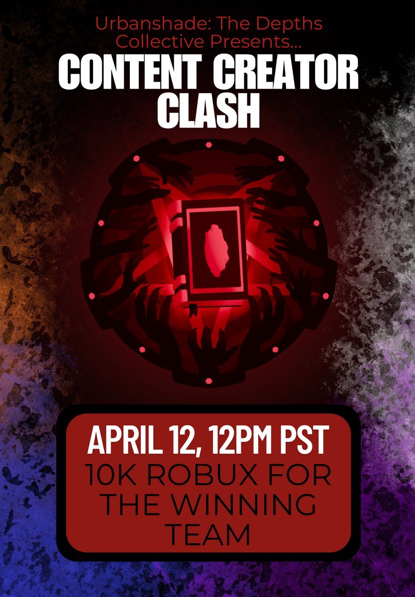 Hello everyone! We're hosting a Content Creator Clash with a 10k Robux prizepool tomorrow at 12pm EST!
Team Black: <a href="/UrbanshadeTDC/">Urbanshade: The Depths Collective</a>
Team white: <a href="/LooseLogan/">LooseLogan</a> <a href="/tallcowyt/">Tall Cow</a> ohbasic -YT
Team Blue: <a href="/OfficialSajambi/">Saj 🦋</a> 
Team Purple: Shadow -YT
Team Orange: pez_ -YT

#pressure #pressureroblox