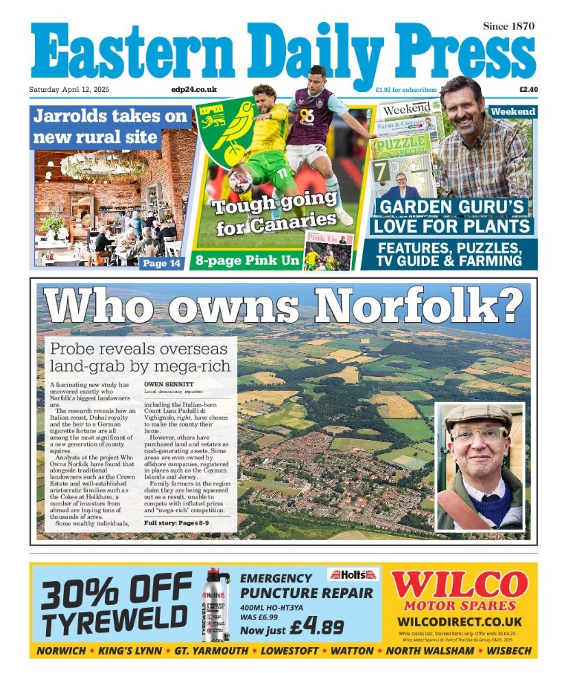Owen Sennitt (@osennitt) on Twitter photo Front page of the <a href="/EDP24/">Eastern Daily Press</a> today -
Researchers reveal who owns Norfolk, with foreign investors ‘hoovering up’ farmland 👇
edp24.co.uk/news/24984305.… Front page of the <a href="/EDP24/">Eastern Daily Press</a> today -
Researchers reveal who owns Norfolk, with foreign investors ‘hoovering up’ farmland 👇
edp24.co.uk/news/24984305.…