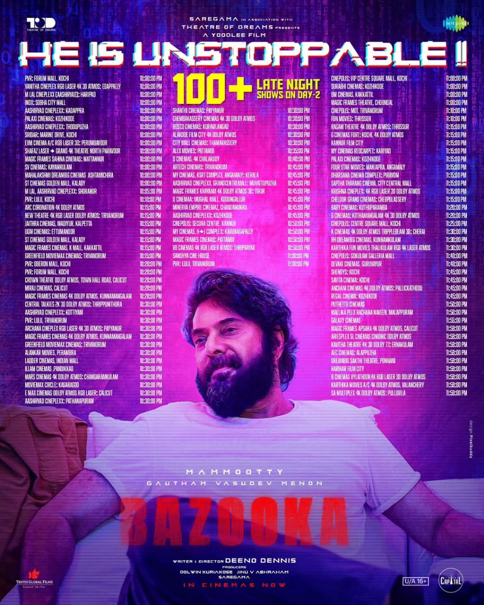 VRFridayMatinee's tweet photo. 2.25 Crores day 2 at the Kerala box office for #Bazooka. Approximately 5.50 Crores in 2 days. https://t.co/PzHWJJtWGB
