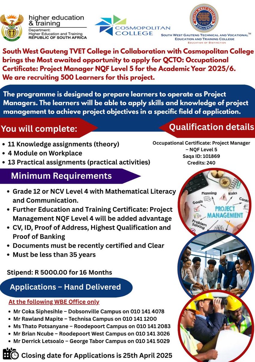 SWGCollege's tweet photo. :

🌟 Exciting Opportunity! 🌟 SWGC &amp; Cosmopolitan College present the QCTO Occupational Certificate (Project Manager, NQF Level 5)!📚

Advance your career in 2025—Apply Today! Visit WBE Offices on campus for more details. 

#SWGC #EducationMatters #ProjectManagement #CareerGoals https://t.co/bax78MPcEX