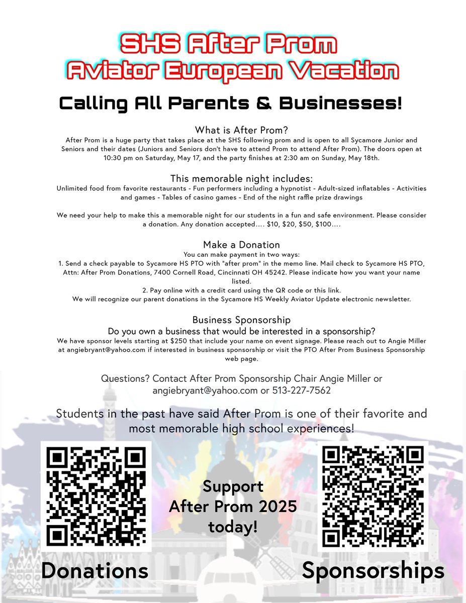 Donations Needed SHS After Prom 2025
Aviator European Vacation
Help us create a safe, unforgettable night for Sycamore Juniors &amp; Seniors!
May 17 - 11 pm - 3 am

Business sponsorships start at $250.
Visit the PTO After Prom Business Sponsorship web page: shs.sycamoreschools.org/pto/events-pro…