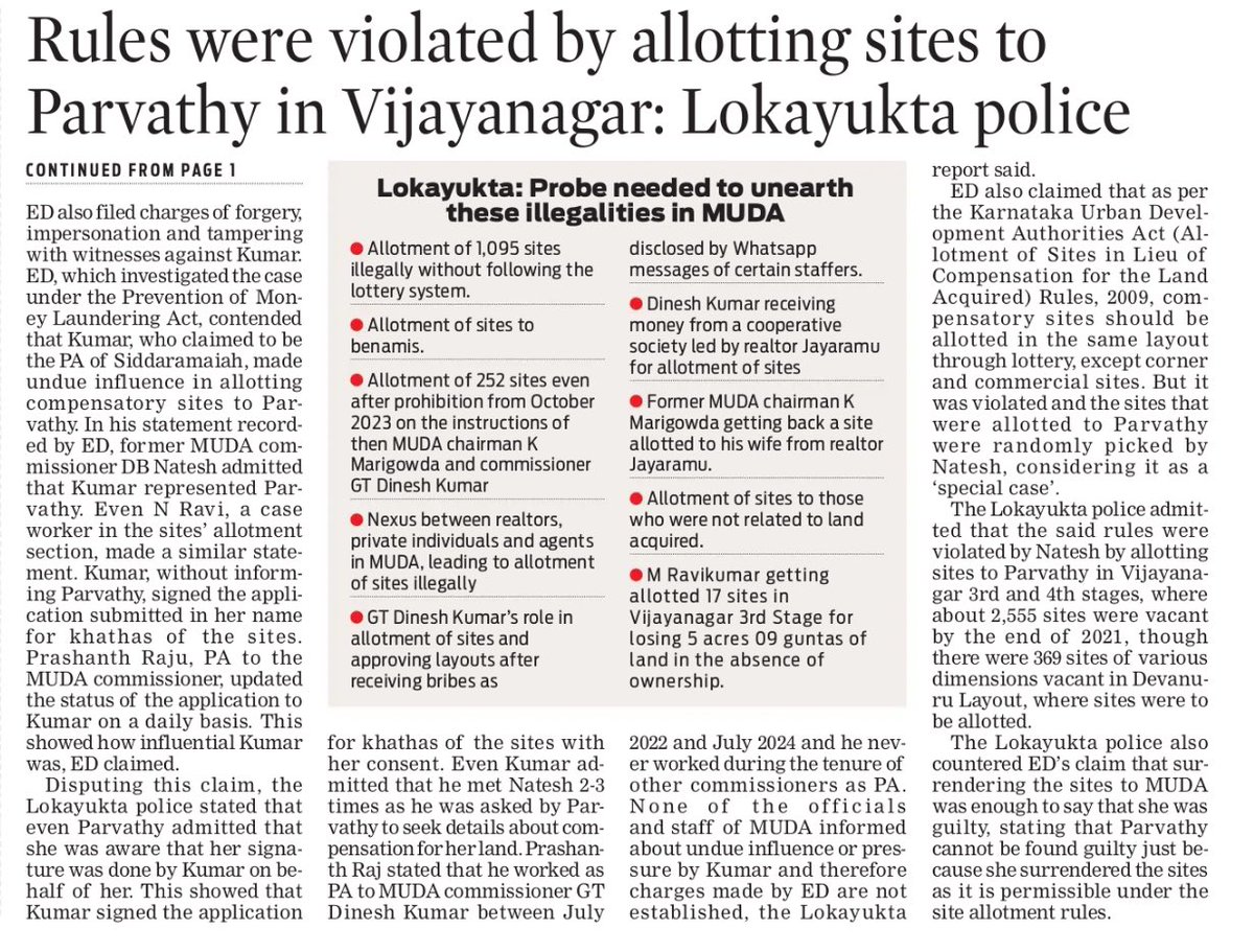 TNIE Karnataka (@xpressbengaluru) on Twitter photo EXCLUSIVE
ED claimed that there was undue influence by <a href="/siddaramaiah/">Siddaramaiah</a>'s then PA Dinesh in allotment of 14 compensatory sites to CM’s wife Parvathy, closure report submitted by Lokayukta in MUDA case stated that no such influence was established
<a href="/rajaarushi/">Yathiraju/ಯತಿರಾಜು</a> newindianexpress.com/states/karnata… EXCLUSIVE
ED claimed that there was undue influence by <a href="/siddaramaiah/">Siddaramaiah</a>'s then PA Dinesh in allotment of 14 compensatory sites to CM’s wife Parvathy, closure report submitted by Lokayukta in MUDA case stated that no such influence was established
<a href="/rajaarushi/">Yathiraju/ಯತಿರಾಜು</a> newindianexpress.com/states/karnata…