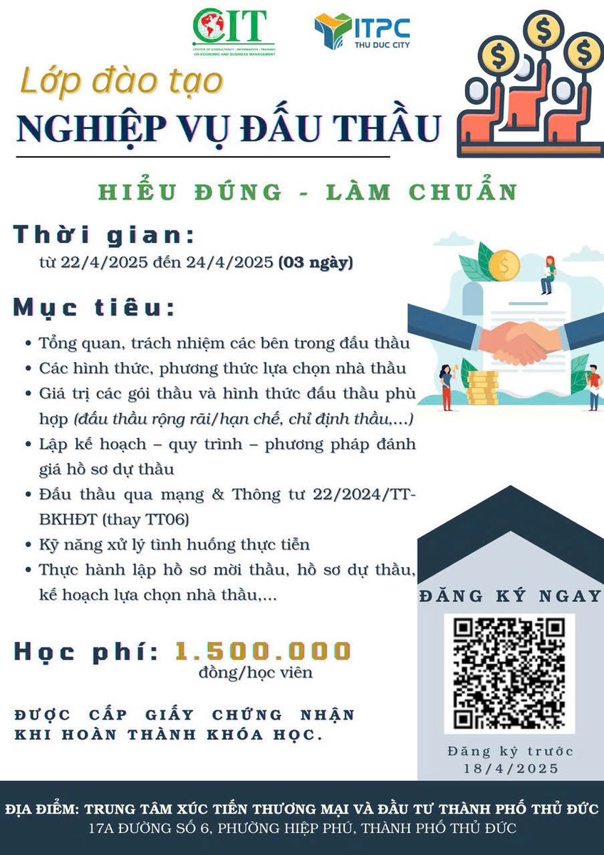 Góc Chia Sẻ 
CHO ANH CHỊ EM NÀO CẦN HỌC VỀ ĐẤU THẦU CHUYÊN SÂU. @all 
🎯 KHÓA HỌC “ĐẤU THẦU CHUYÊN SÂU 2025” – CẬP NHẬT TOÀN DIỆN LUẬT ĐẤU THẦU MỚI! 

📅 Thời gian: 22 – 24/4/2025 (03 ngày)
📍 Đơn vị tổ chức: Trung tâm Xúc tiến Thương mại và Đầu tư thành