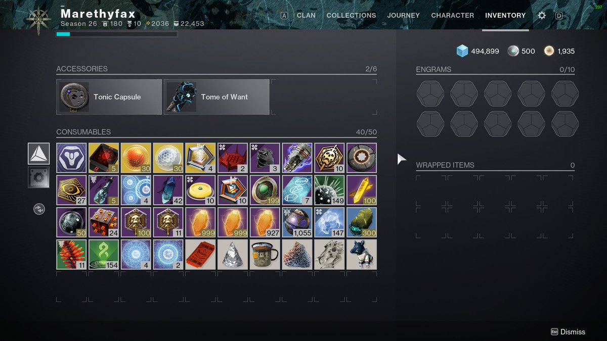 Marethyfax's tweet photo. Can someone please tell me what I'm supposed to do with all of these enhancement cores? They keep stacking up before I can spend them all. With the rate I'm going at, I'll run out of space before the end of the year. #Destiny2 #Destiny https://t.co/J282DinJ1I