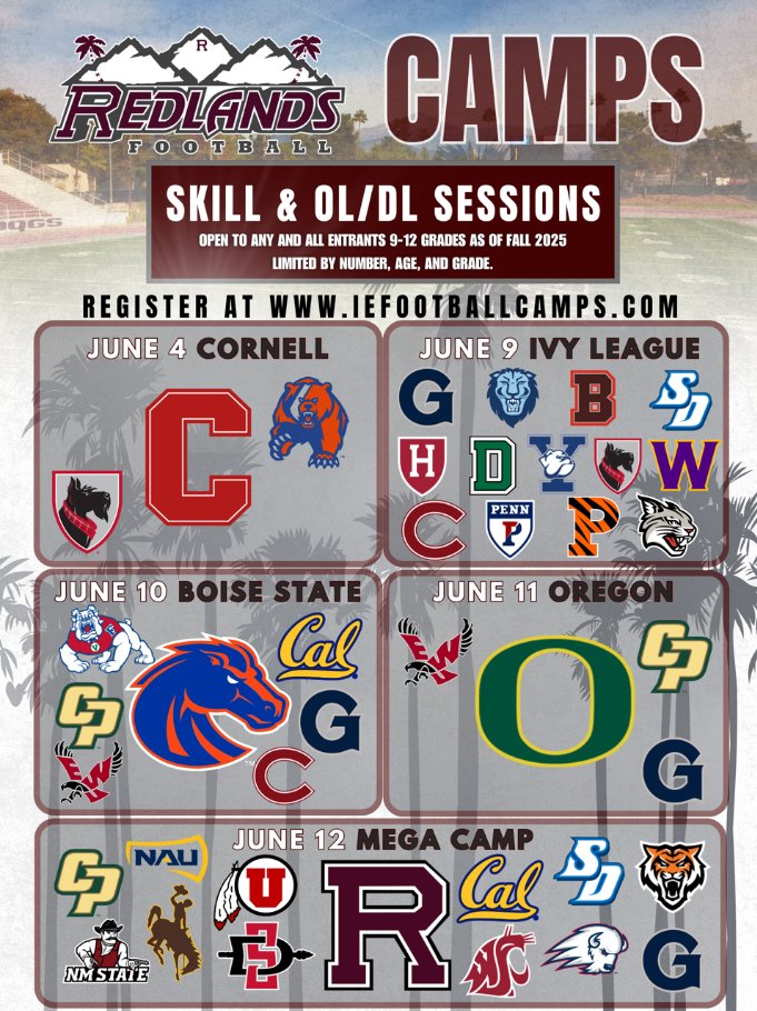 Redlands Bulldog Football (@uofr_football) on Twitter photo New schools added to the camps:
<a href="/WSUCougarFB/">Washington State Football</a>
<a href="/BengalGridiron/">Idaho State Football</a>
<a href="/calpolyfootball/">Cal Poly Football</a>
Get signed up at: iefootballcamps.com
Limited capacity per session.
More schools to be added soon!! New schools added to the camps:
<a href="/WSUCougarFB/">Washington State Football</a>
<a href="/BengalGridiron/">Idaho State Football</a>
<a href="/calpolyfootball/">Cal Poly Football</a>
Get signed up at: iefootballcamps.com
Limited capacity per session.
More schools to be added soon!!