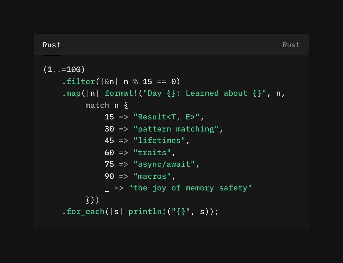 chinedu_10's tweet image. #RustDay 100
Day 100 of #RustTips! 🎉
The Rustiest way to celebrate?
A sleek iterator chain. What does this code do?