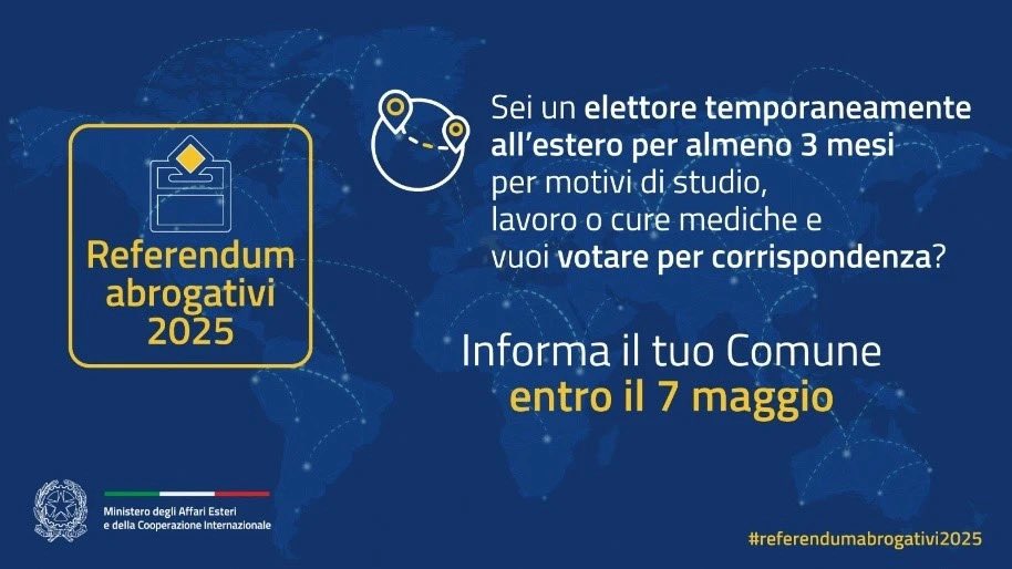 #Referendumabrogativi2025 
Sei un elettore temporaneamente all'estero per almeno 3 mesi per motivi di studio, lavoro o cure mediche e vuoi votare per corrispondenza?
Contatta il tuo Comune entro il 7 maggio.
Maggiori informazioni al link👇🏻
conscanton.esteri.it/it/news/dal_co…