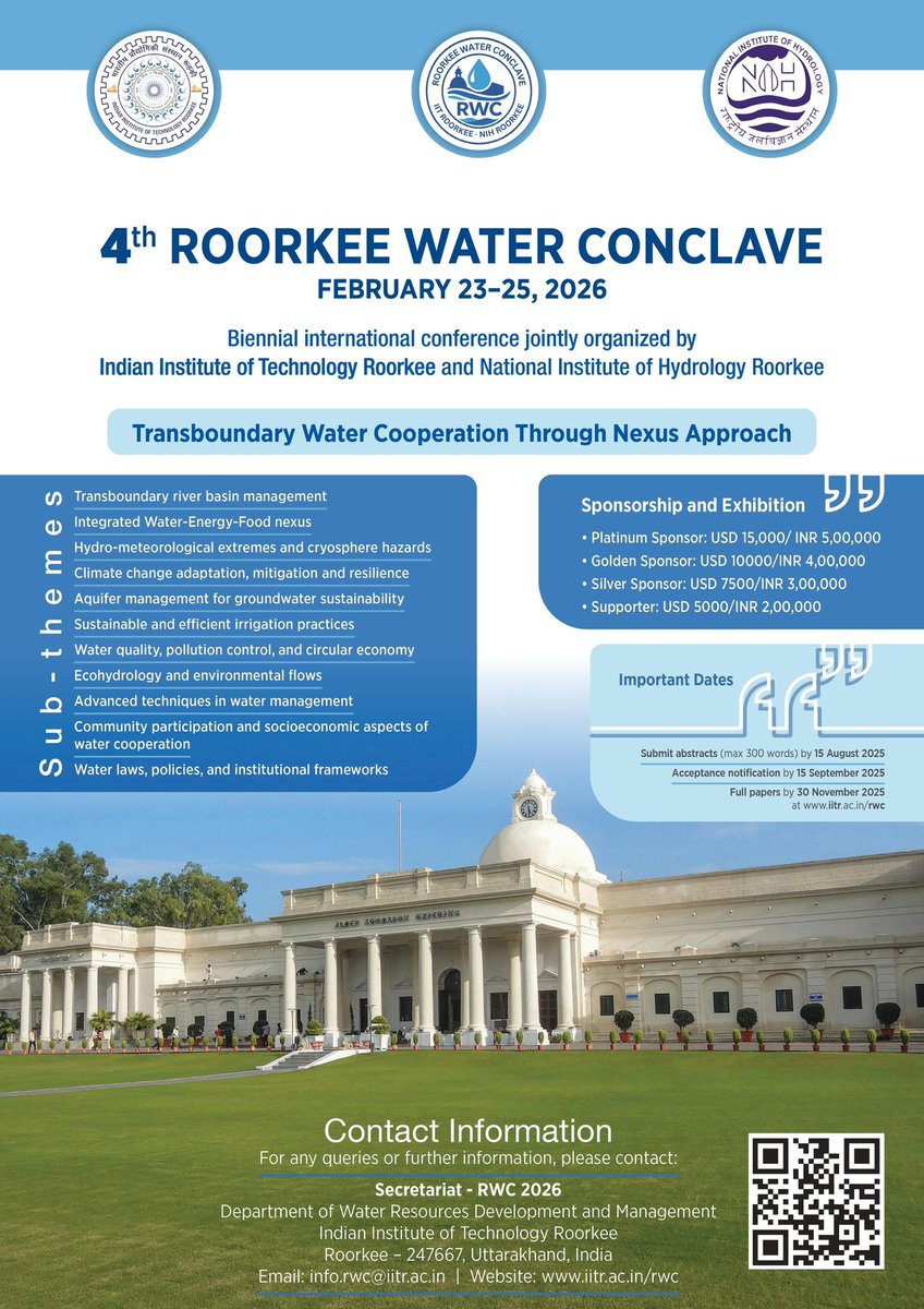 IIT Roorkee and National Institute of Hydrology Roorkee are pleased to announce the 4th Roorkee Water Conclave, scheduled from February 23–25, 2026.
For more details: iitr.ac.in/rwc