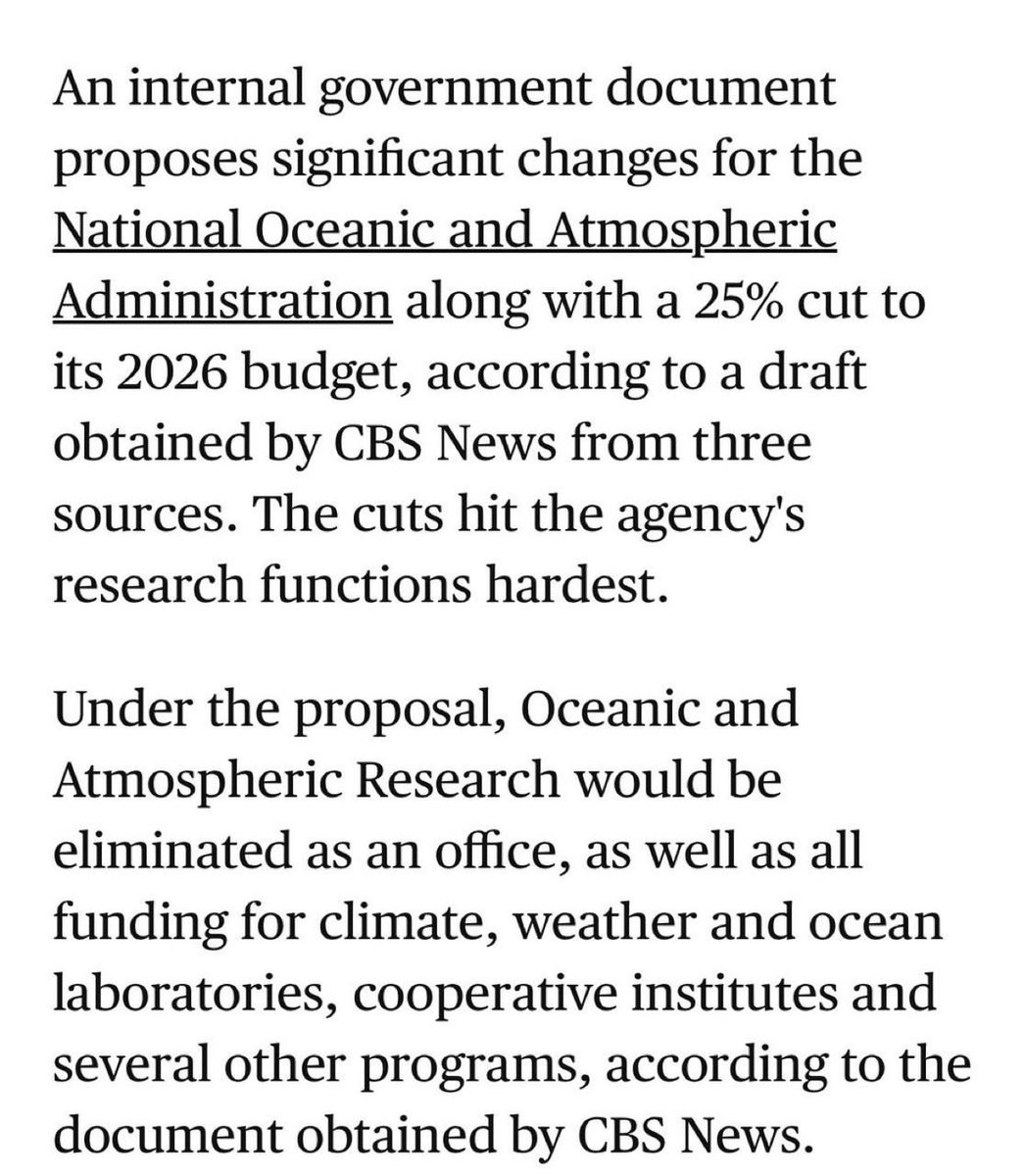 MarioNawfal's tweet image. 🚨🇺🇸CLIMATE RESEARCH GUTTED: NOAA FACES MASSIVE 25% BUDGET SLASH

The National Oceanic and Atmospheric Administration may lose a quarter of its funding in 2026—targeting its core research functions. 

The proposed plan would wipe out the Oceanic and Atmospheric Research office…