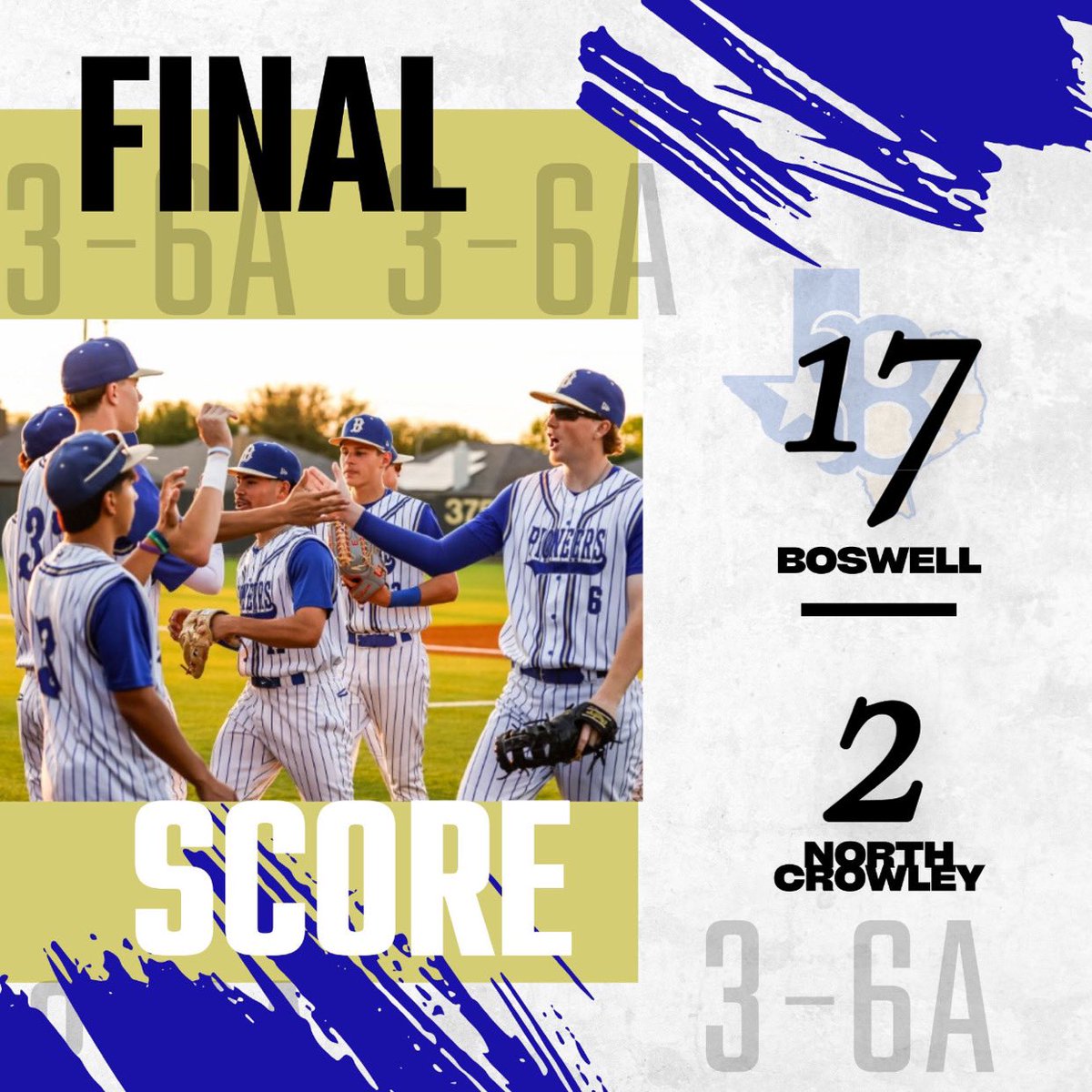 Boswell Baseball (@baseballboswell) on Twitter photo Pioneers finish the sweep of North Crowley with a 17-2 win. Huge offensive burst to start the game, we finish the night w/ 16 hits. <a href="/emsisdathletics/">EMS ISD Athletics</a>
<a href="/MasonBelly/">Mason Bell</a> 3ip 0H 0R 3K
(2H RBI offensively)
<a href="/LermaMak/">Mak Lerma</a> 2-2 2RBI
<a href="/t3norio_aidan/">Aidan Tenorio</a> 2-4 RBI
<a href="/TrentProsperi/">Trent Prosperi</a> 2-3 4RBI
21-3 || 7-1 Pioneers finish the sweep of North Crowley with a 17-2 win. Huge offensive burst to start the game, we finish the night w/ 16 hits. <a href="/emsisdathletics/">EMS ISD Athletics</a>
<a href="/MasonBelly/">Mason Bell</a> 3ip 0H 0R 3K
(2H RBI offensively)
<a href="/LermaMak/">Mak Lerma</a> 2-2 2RBI
<a href="/t3norio_aidan/">Aidan Tenorio</a> 2-4 RBI
<a href="/TrentProsperi/">Trent Prosperi</a> 2-3 4RBI
21-3 || 7-1