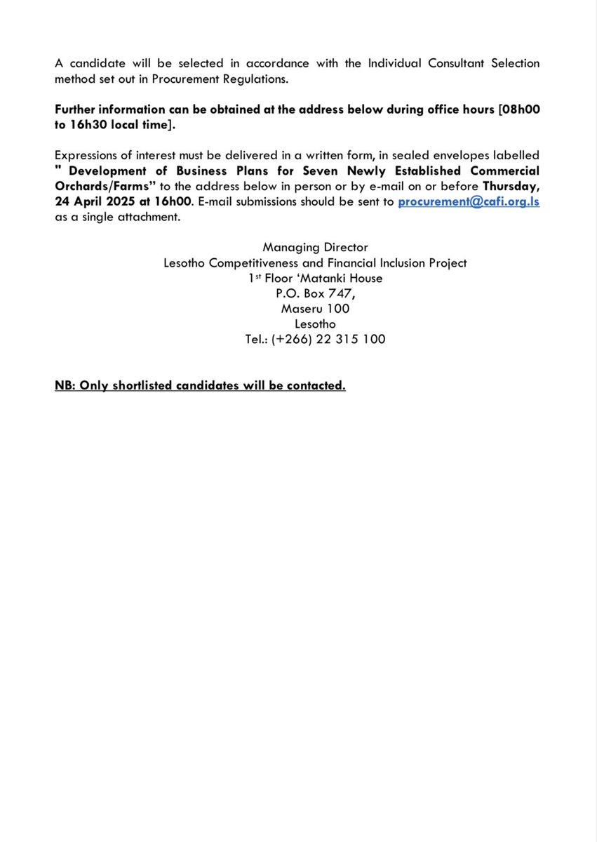 Request for expression of interest for development of business plans for seven (7) new commercial farms. #lstwitter #horticulture #lesotho #cafi #fruitfarming #farminglesotho #consultinginlesotho #lesothoopportunities #basotho