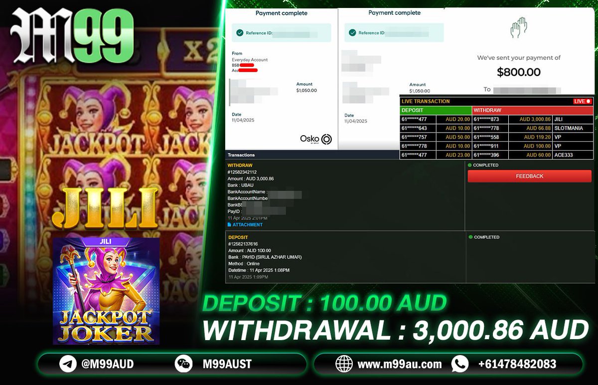 m99aus's tweet photo. 🇦🇺M99AU 🇦🇺
💯THE LARGEST AND MOST TRUSTED ONLINE PLATFORM 💯

🎉 CONGRATULATIONS TO M99AU MEMBER 🎉
💡PLAYER'S WIN
PLATFORM: JILI 
GAME: JACKPOT JOKER
DAILY REBATE : 100.00
WITHDRAWAL AUD :  3,000.00
💰TRY YOUR LUCK WITH US , YOU COULD BE THE NEXT WINNER💰
https://t.co/aFRvX4RH7K https://t.co/95aswTZg9b