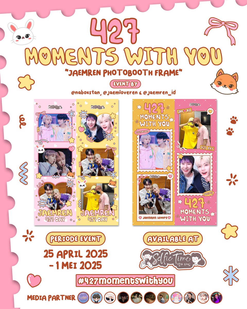 jaemren_id's tweet photo. 「 ✦ 𝟒𝟐𝟕 𝘔𝘰𝘮𝘦𝘯𝘵𝘴 𝘞𝘪𝘵𝘩 𝘠𝘰𝘶 ✦ 」 
JAEMREN PHOTOBOOTH EVENT by @jaemren_id &amp; @jaemloveren

📆 : 25 April - 1 Mei
📍 : @selfietimeid details on pict

Let's celebrate #JAEMREN Day together. Don't forget to tag us or use our hastag #427MomentsWithYou #jaemren427day https://t.co/Ul5XtlHO1M