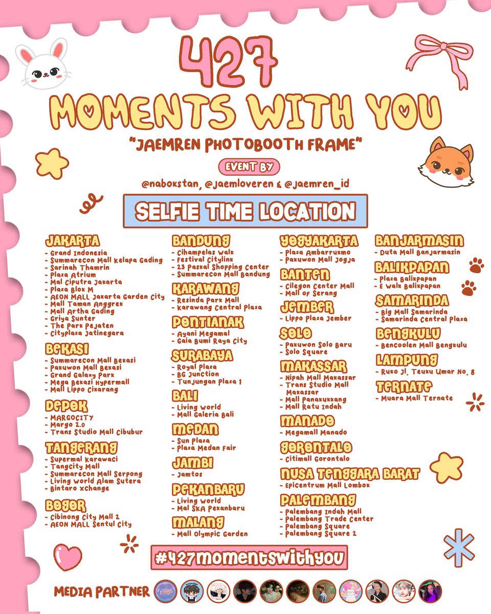 jaemren_id's tweet photo. 「 ✦ 𝟒𝟐𝟕 𝘔𝘰𝘮𝘦𝘯𝘵𝘴 𝘞𝘪𝘵𝘩 𝘠𝘰𝘶 ✦ 」 
JAEMREN PHOTOBOOTH EVENT by @jaemren_id &amp; @jaemloveren

📆 : 25 April - 1 Mei
📍 : @selfietimeid details on pict

Let's celebrate #JAEMREN Day together. Don't forget to tag us or use our hastag #427MomentsWithYou #jaemren427day https://t.co/Ul5XtlHO1M