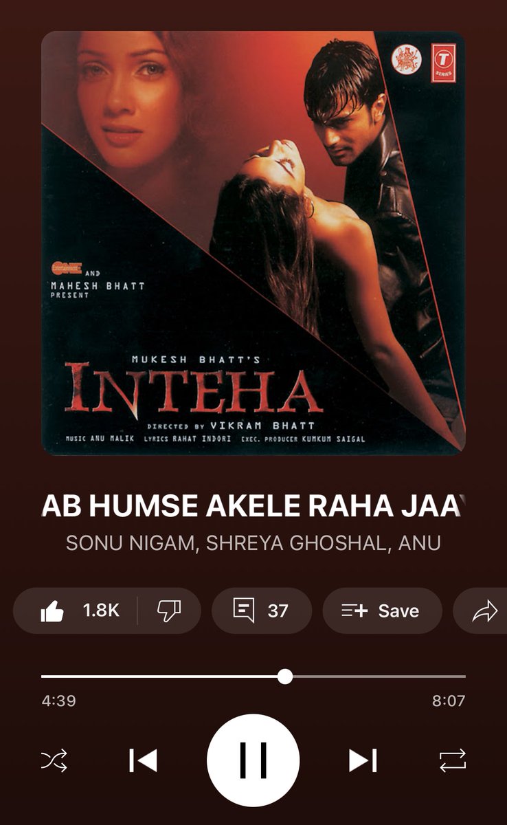 OrjwanIsk's tweet photo. It’s 2025 and I’m still listening to #inteha songs ♥️
Un friend me if you never listened to this beautiful Album..
#Bollywood #nostalgia #sonunigam #shaan #ShreyaGhoshal https://t.co/waVQmrbxlp