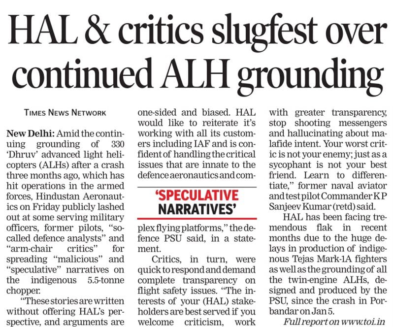IamRajat_Pandit's tweet photo. Meanwhile, #HAL &amp; critics slugfest over the continued grounding of 330 #Dhruv advanced light helicopters (#ALHs), which has impacted operations in the armed forces!

https://t.co/nVVXprQOZq https://t.co/Je9GYngd3o