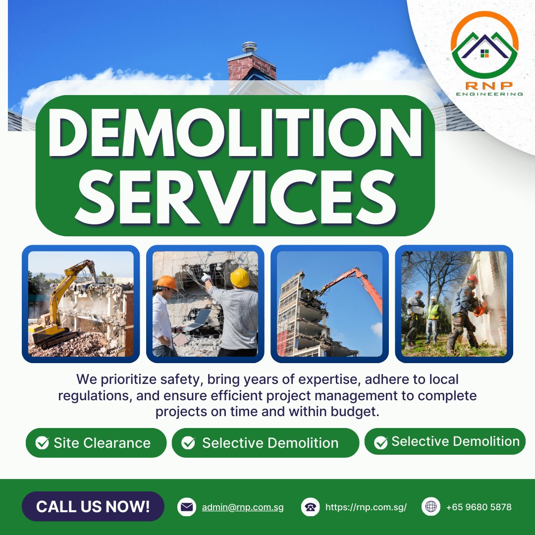 RNPEngineering's tweet photo. Need reliable Demolition Services in SG?
RNP Engineering ensures safety, compliance &amp; project efficiency—Site Clearance to Selective Demolition.
📞 +65 9680 5878 | 🌐 https://t.co/VGHwEPfKPJ
#Demolition #EngineeringSG #SiteClearance #SelectiveDemolition #RNPengineering https://t.co/KkjipKWeyy