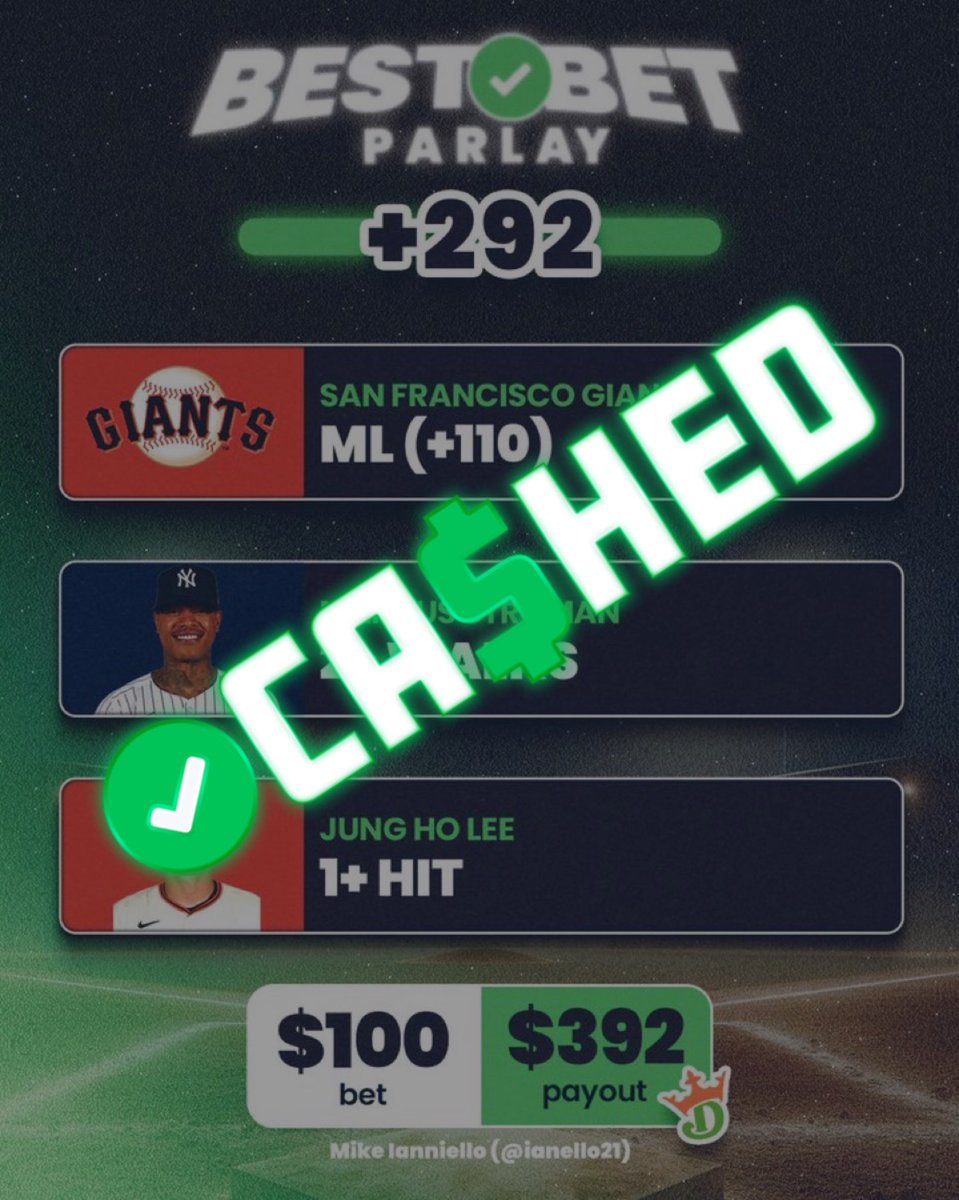 Action Network (@actionnetworkhq) on Twitter photo ✅ Marcus Stroman 2+ Walks
✅ Jung Hoo-Lee 1+ Hit
✅ SF Giants ML
💰This <a href="/Ianniello21/">Mike Ianniello</a> SGP beauty is a WINNER! ✅ Marcus Stroman 2+ Walks
✅ Jung Hoo-Lee 1+ Hit
✅ SF Giants ML
💰This <a href="/Ianniello21/">Mike Ianniello</a> SGP beauty is a WINNER!
