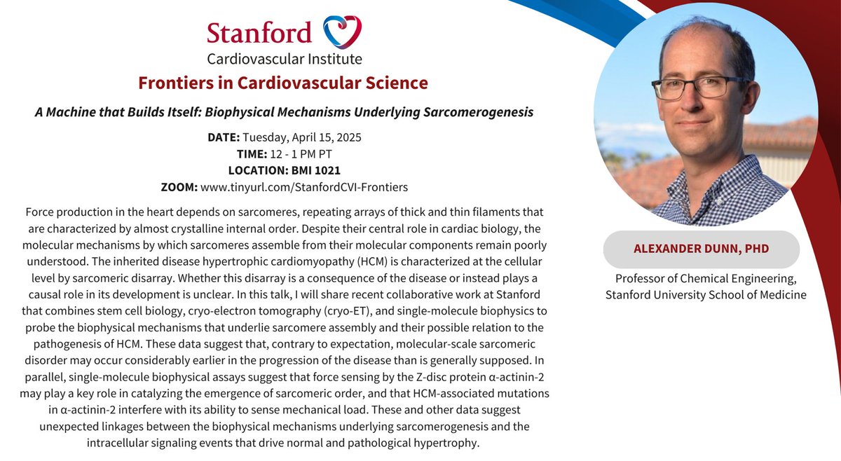Joseph C Wu, MD, PhD (@joseph_c_wu) on Twitter photo Please join <a href="/StanfordCVI/">Stanford CVI</a> seminar on Tue 4/15 @ 12pm PST by Dr. Alex Dunn <a href="/StanfordEng/">Stanford Engineering</a> speak on #biophysics #sarcomere #HypertrophicCardiomyopathy
stanford.zoom.us/webinar/registā¦
<a href="/Stanford_ChEMH/">Sarafan ChEM-H</a> <a href="/SeanM_Wu/">Sean M Wu, MD PhD</a> <a href="/BCVSearlyCareer/">Basic Cardiovascular Sciences (BCVS) Early Career</a>
<a href="/ATVBEarlyCareer/">ATVB Early Career Committee</a> <a href="/vascularbiology/">NAVBO</a> <a href="/Dunn_Lab/">Alex Dunn</a> <a href="/hcmsociety/">Hypertrophic Cardiomyopathy Medical Society</a> <a href="/societyhcm/">Society of Hypertrophic Cardiomyopathy(HCM)</a> Please join <a href="/StanfordCVI/">Stanford CVI</a> seminar on Tue 4/15 @ 12pm PST by Dr. Alex Dunn <a href="/StanfordEng/">Stanford Engineering</a> speak on #biophysics #sarcomere #HypertrophicCardiomyopathy
stanford.zoom.us/webinar/registā¦
<a href="/Stanford_ChEMH/">Sarafan ChEM-H</a> <a href="/SeanM_Wu/">Sean M Wu, MD PhD</a> <a href="/BCVSearlyCareer/">Basic Cardiovascular Sciences (BCVS) Early Career</a>
<a href="/ATVBEarlyCareer/">ATVB Early Career Committee</a> <a href="/vascularbiology/">NAVBO</a> <a href="/Dunn_Lab/">Alex Dunn</a> <a href="/hcmsociety/">Hypertrophic Cardiomyopathy Medical Society</a> <a href="/societyhcm/">Society of Hypertrophic Cardiomyopathy(HCM)</a>