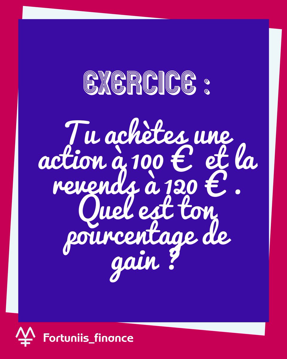Fortuniis_fi's tweet photo. 🎲 Exercice facile mais essentiel ! La réponse est 20 %. Cette formule de base pour calculer un pourcentage de gain est à connaître par cœur quand on investit en bourse. Quel a été ton meilleur gain en pourcentage ? #bourse #trading #investissement https://t.co/Yw7EIDRab7