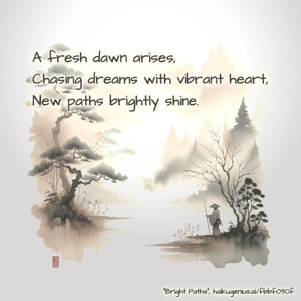 haiku_genius's tweet photo. A fresh dawn arises,
Chasing dreams with vibrant heart,
New paths brightly shine.
"Bright Paths", https://t.co/AKJAxrj3QV
Love this haiku? ✨ Create your own with stunning generative art—free and no signup needed! Try it now: https://t.co/3zDbm9icht
#BrightPaths #haiku #haikudaily #haikuoftheday #dailyhaiku #haikusaturday #haikugenius #AI #aiart #aiartdaily #aicreation #dalle #dalle3 #chatgpt