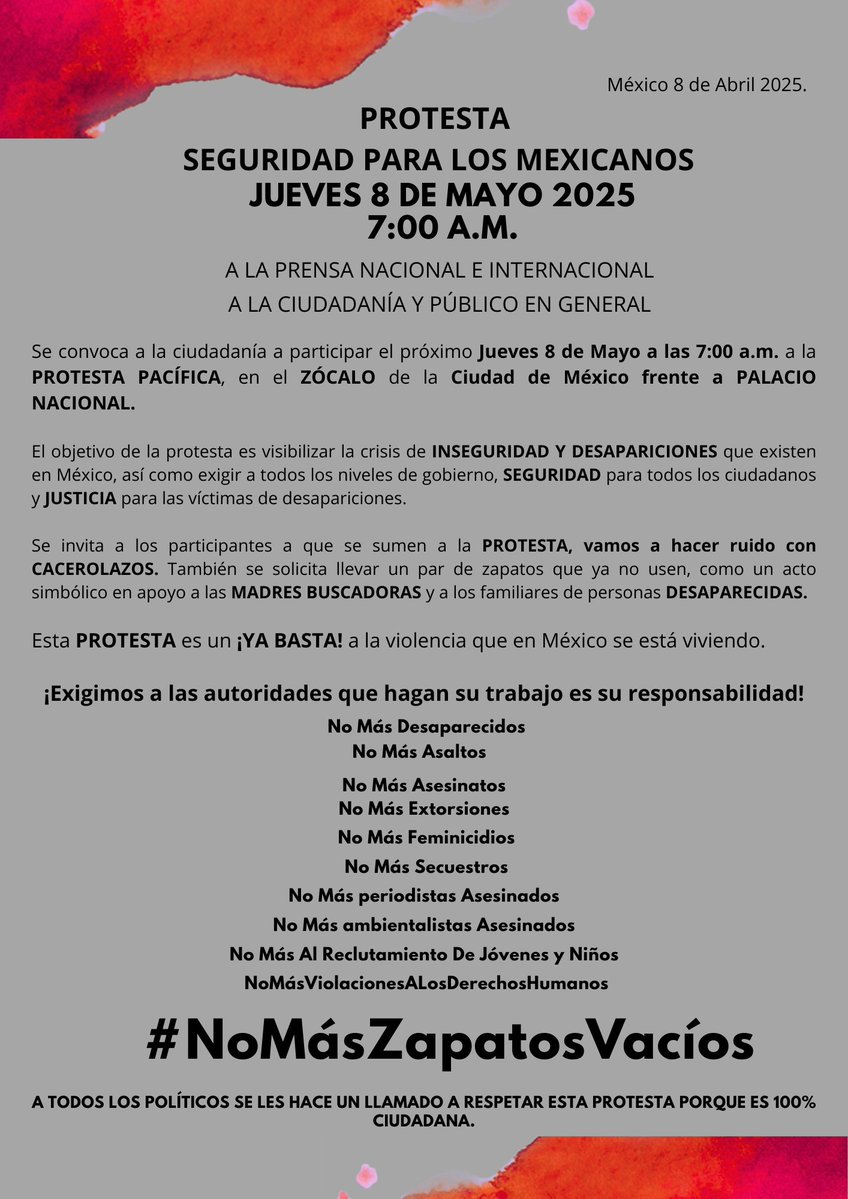<a href="/GARCIPAVON/">DRA. MERCEDES PAVON "SUPERMUELITA FIFÍ"</a> A mis queridos amigos y seguidores, los invito a que nos ayuden a compartir el comunicado de la PROTESTA: #NoMásZapatosVacíos y que se sumen con nosotros el #8Mayo   ¡Gracias!