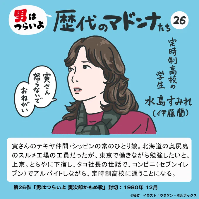 本日4/12(土)18:45
BSテレ東にて 第26作
『#男はつらいよ 寅次郎かもめ歌』
4Kデジタル修復版放送

・上京したマドンナがバイトを始めたのがセブンイレブン
・山田洋次監督の学校シリーズのルーツとなる作品でもある
・二代目おいちゃんの松村達雄が教師役で出てくる

などなど見どころが多い一本。 