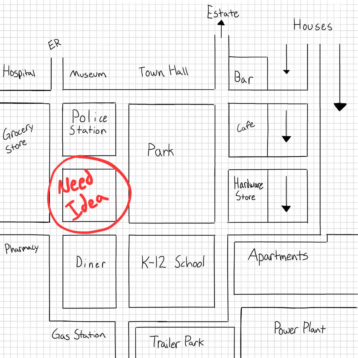UpCastAlex's tweet photo. I know I haven't posted in a while, I'm working on the game I promise. Most it's been planning, this is a Work in Progress map of the town. Locations are coming along and I need suggestions for the circled area below.

Setting: December, 1999. A small Pacific Mountain town. https://t.co/WiwAq0AbwD