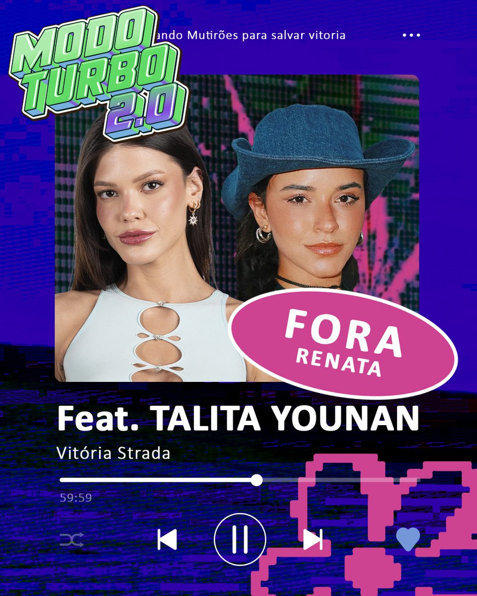 🦩 MUTIRÃO FEAT TALITA YOUNAN  (Vem pro Space!)🦩

🗳A cada 10 VOTOS comente um EMOJI!

❌ O voto é para ELIMINAR, vote em RENATA

✅ Meta: 40K respostas

⏰ Encerramento às 14H

▶️ VOTO ÚNICO: bit.ly/4jtrzOg 
▶️ VOTO TORCIDA: glo.bo/3Ert4h1

#BBB25 #Teamstrada