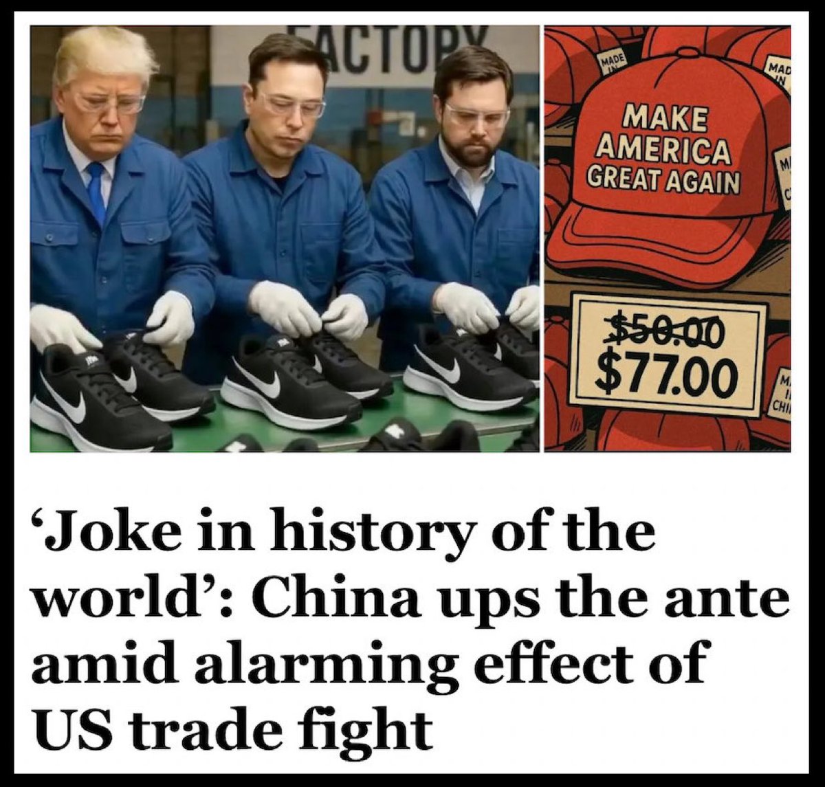 kangaroos991's tweet image. CHINA will 'hike' tariffs on US goods from 84% to 125%, raising the stakes in Trump's 'trade war' which Beijing calls the biggest “joke in the history of the world economy”. 

Drop a 🤡 if you think these 'bozos' are UNFIT to be in power! 🤡🤡🤡

👇 #TrumpClownShow #DumpTrump