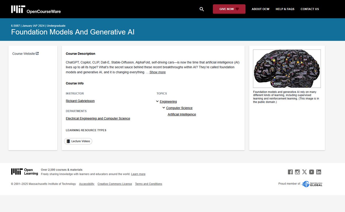 alby13's tweet image. Free, no account needed, AI OpenCourseWare Learning!

- Foundation Models and Generative AI videos
#AIEducation #AIClass #AILearning #AICourse 

Main website: ocw.mit.edu
AI Course: futureofai.mit.edu